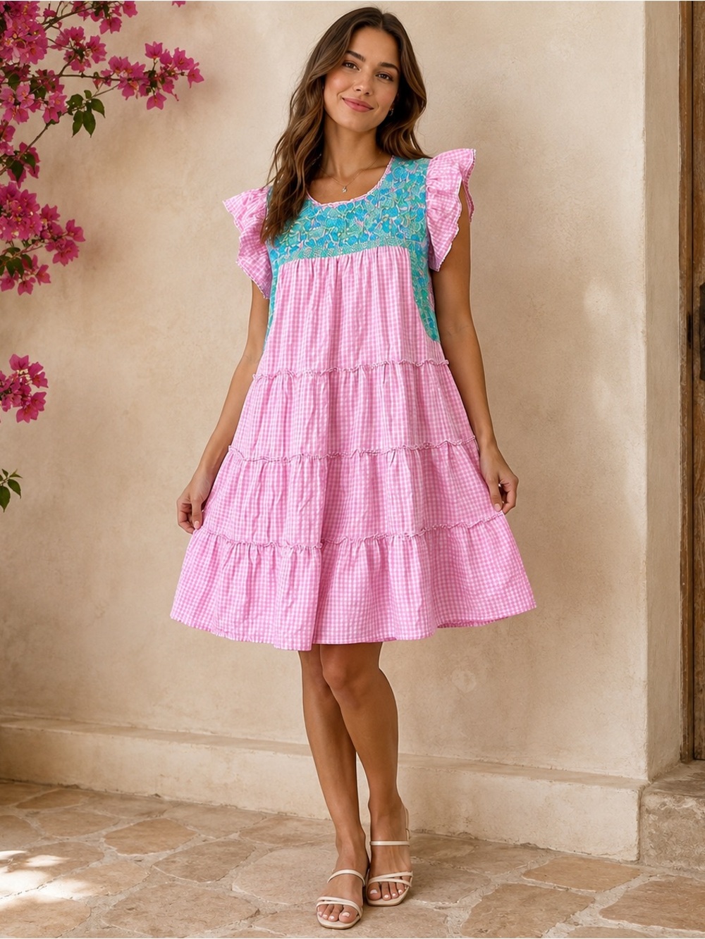 J Marie Dress Pink Gingham Embroidered Tiered Flutter Sleeve Dress Sz M